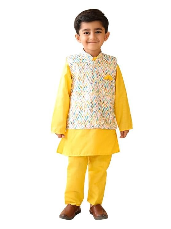 superminis Boys Cotton Printed Gota Work Kurta Pyjama with Jacket Ethnic Wear Set