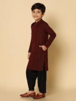 KISAH Boy's Maroon Jacquard Silk Blend Kurta- Regular Fit with Mandarin Collar|Traditional Indian