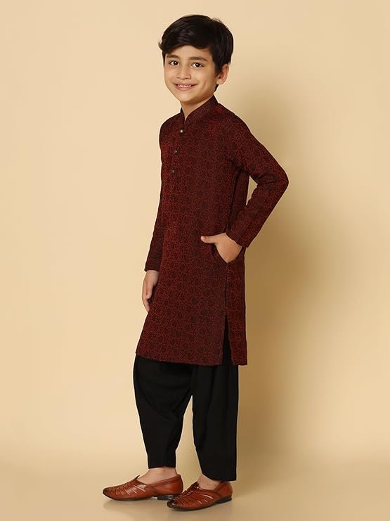 KISAH Boy's Maroon Jacquard Silk Blend Kurta- Regular Fit with Mandarin Collar|Traditional Indian