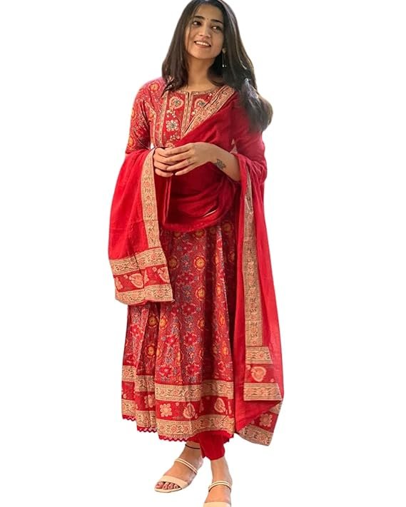 KLOSIA Women Rayon Printed Anarkali Kurta and Pant with Dupatta Set