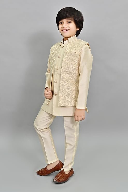 AHHAAAA Kids Indian Ethnic Velvet Waistcoat Silk Kurta Pyjama Set Bollywood Style Wedding Ethnic for Boys