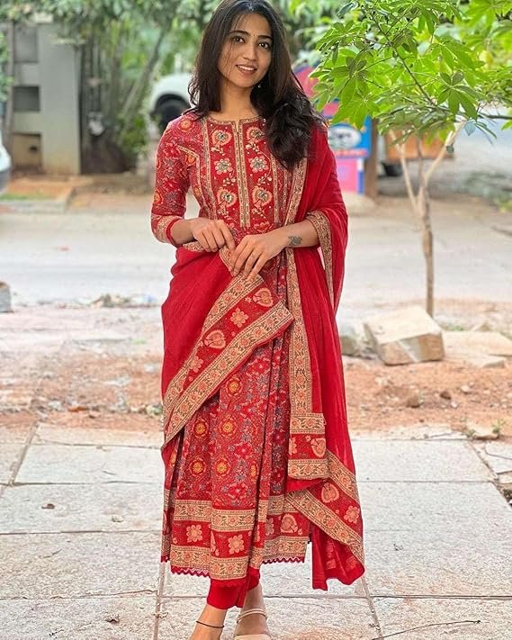 KLOSIA Women Rayon Printed Anarkali Kurta and Pant with Dupatta Set