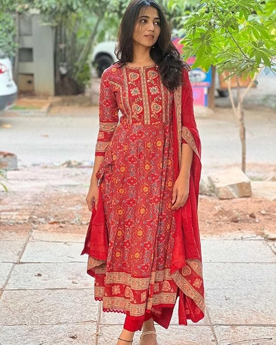KLOSIA Women Rayon Printed Anarkali Kurta and Pant with Dupatta Set