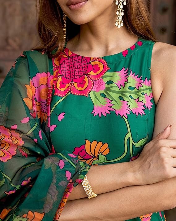 Women's Cotton Embroidery Anarkali Kurti and Pant with Dupatta Set