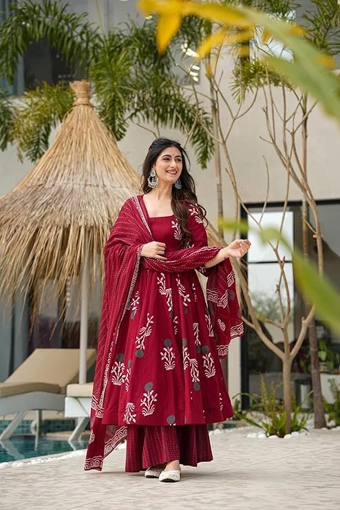 ANNI DESIGNER | Rayon Anarkali Printed Kurta Pant Dupatta Set