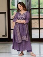 Amazon Brand - Myx Women's Kurta Pant Set with Embroidered Organza Dupatta