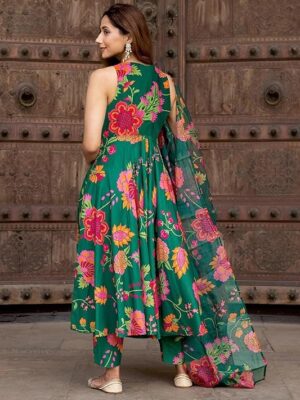 Women's Cotton Embroidery Anarkali Kurti and Pant with Dupatta Set